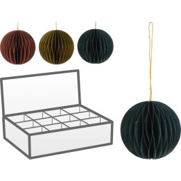 Three decorative paper ornaments in rich colors, alongside a storage box with compartments.