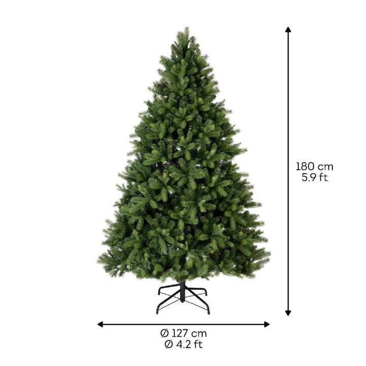 Groene kunstkerstboom van 180 cm hoog, met volle takken en een metalen standaard.