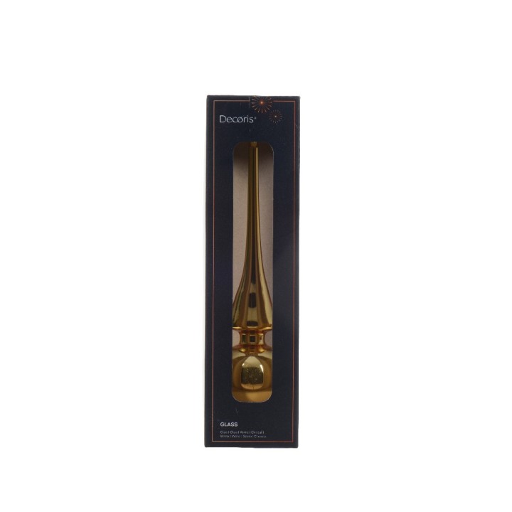 A sleek, gold-colored glass object in a tall, elegant box with a dark background.