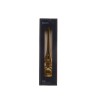 A sleek, gold-colored glass object in a tall, elegant box with a dark background.
