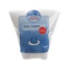 A packaged decorative snow blanket for Christmas trees, fluffy and white, with a tree graphic.