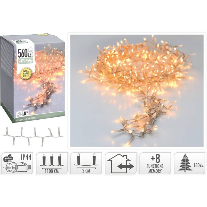 Warmwitte LED-lampjes in een slinger, verpakt in een kartonnen doos met informatie en functies.