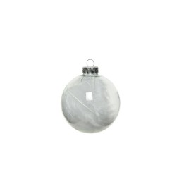 A translucent white ornament with a silver cap, showcasing delicate feather-like patterns.
