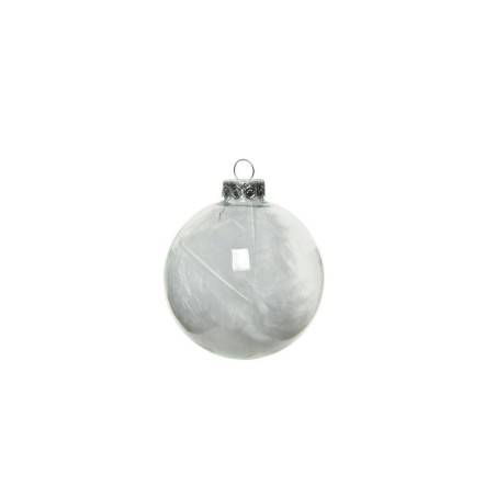 A translucent white ornament with a silver cap, showcasing delicate feather-like patterns.