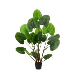 Groene kunstplant met grote, hartvormige bladeren in een zwart potje.