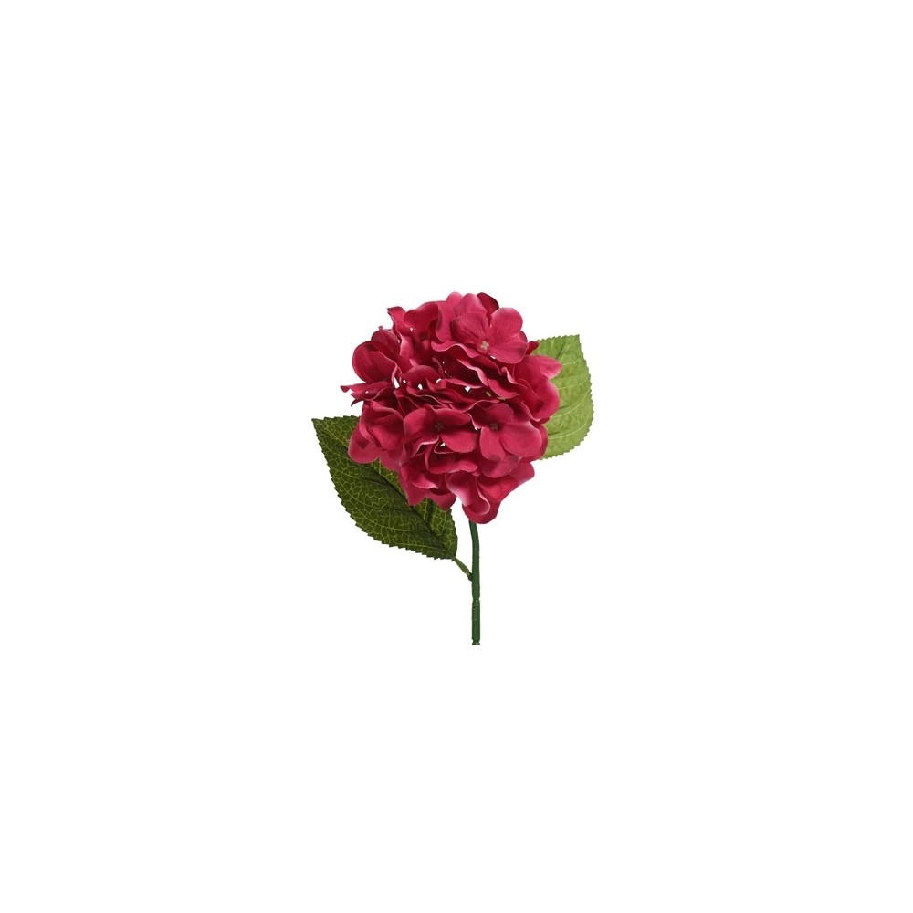 Fleur artificielle rouge avec des pétales ondulés et deux feuilles vertes.
