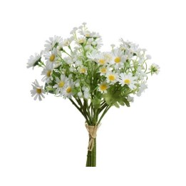 A cheerful bouquet of white daisies with yellow centers and green leaves, tied with twine.