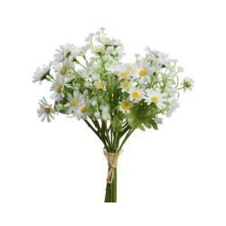 A cheerful bouquet of white daisies with yellow centers and green leaves, tied with twine.