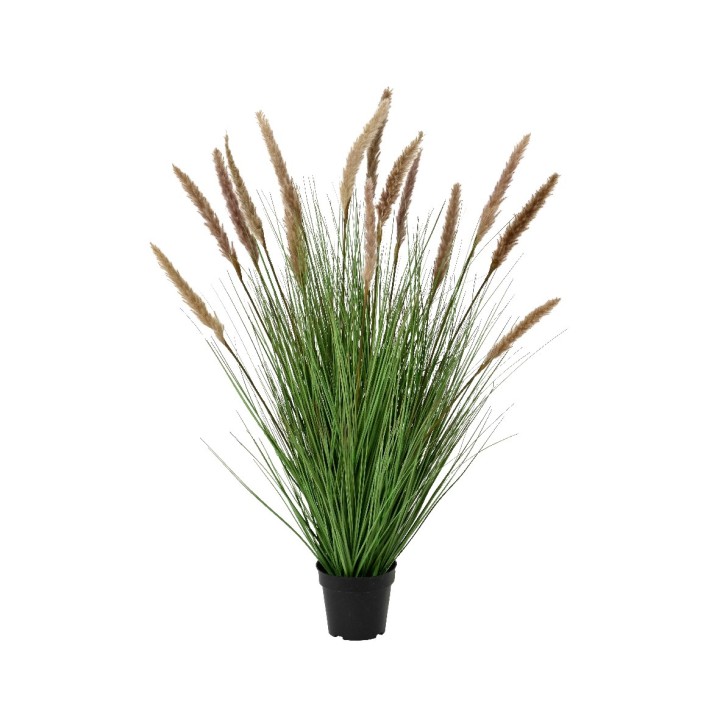 Groene kunstplant met lange, pluizige beige sprieten in een zwarte pot.