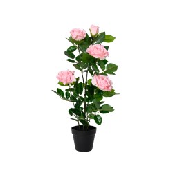 A decorative potted plant with pink roses and green leaves in a black pot.