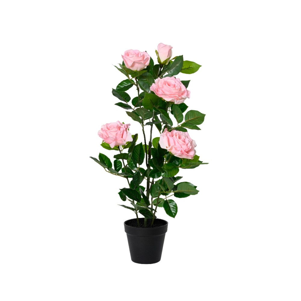 A decorative potted plant with pink roses and green leaves in a black pot.
