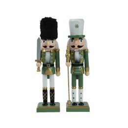 Twee kleurrijke houten notenkrakers, gekleed in groene uniformen met gouden accenten.