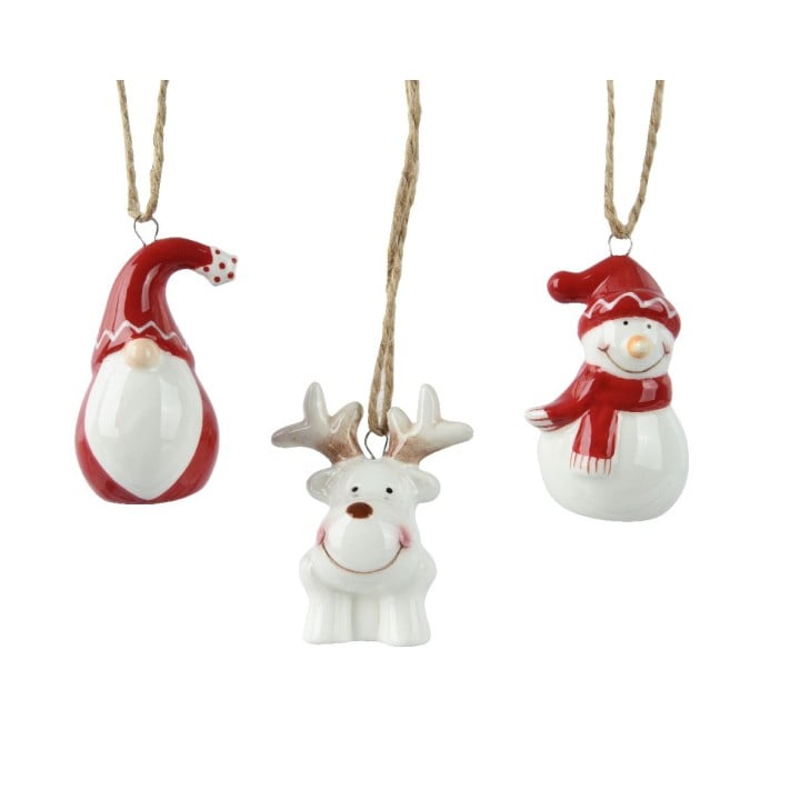 Three festive ornaments: a red gnome hat, a smiling snowman, and a reindeer with antlers.