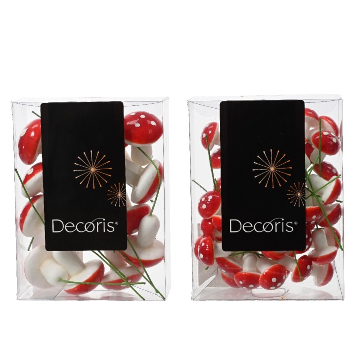 Twee transparante dozen met kleurrijke paddestoelen in rood en wit, vrolijk en decoratief.