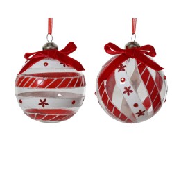 Two festive red and white Christmas ornaments with ribbons and decorative patterns.