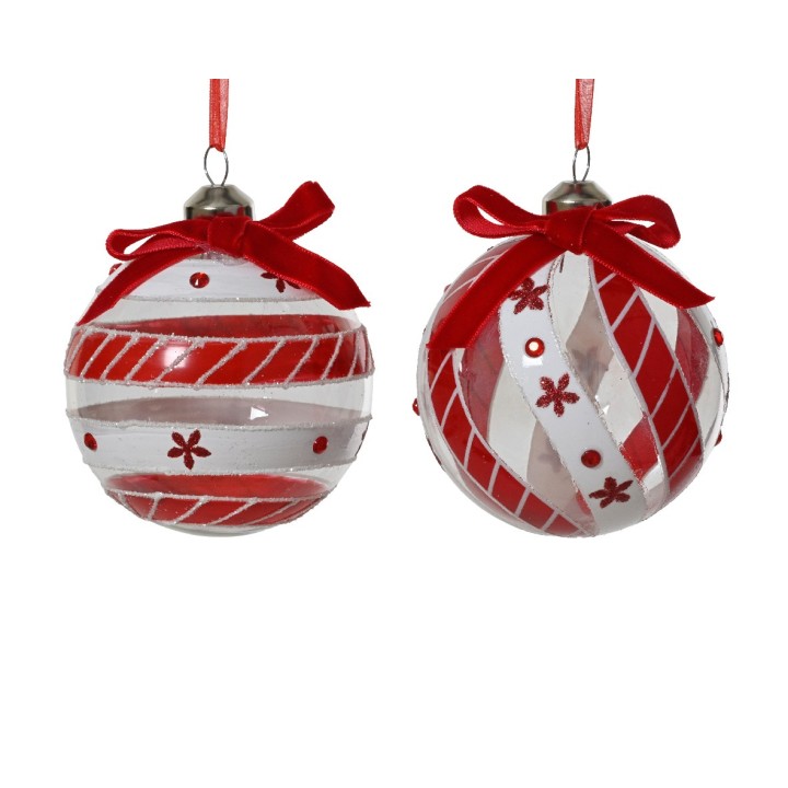 Two festive red and white Christmas ornaments with ribbons and decorative patterns.