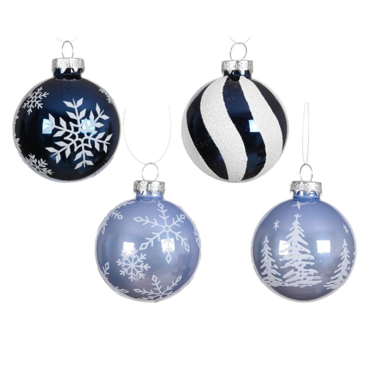 Quatre boules de Noël bleu et argent, ornées de flocons et d'arbres stylisés.