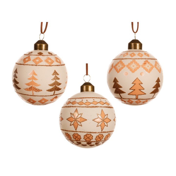 Three decorative Christmas ornaments with warm copper designs on a cream background.