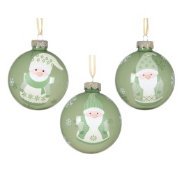 Three green ornaments featuring cheerful Santas in winter attire, adorned with snowflake patterns.