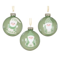 Three green ornaments featuring cheerful Santas in winter attire, adorned with snowflake patterns.