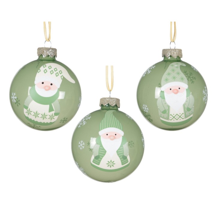 Three green ornaments featuring cheerful Santas in winter attire, adorned with snowflake patterns.