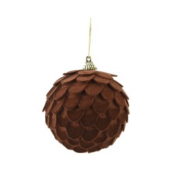 A round, textured ornament covered in overlapping brown felt scales.