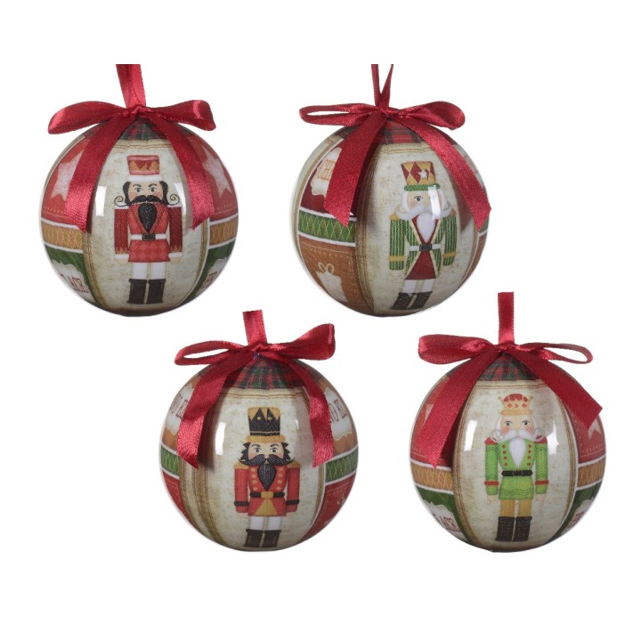 Vrolijke kerstballen met klassieke notenkrakers, versierd met rode strikken.