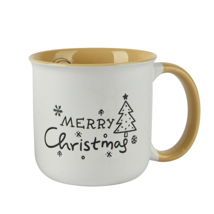 White mug with a gold rim, featuring "Merry Christmas" and a simple tree design.