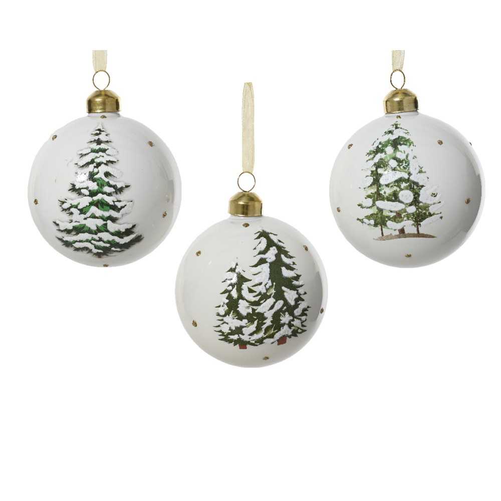 3 Boules en verre blanche et forêt | SAPINS.BE SRL