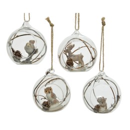 Vier glazen bollen met schattige diertjes en natuurlijke elementen, hangend aan touwtjes.