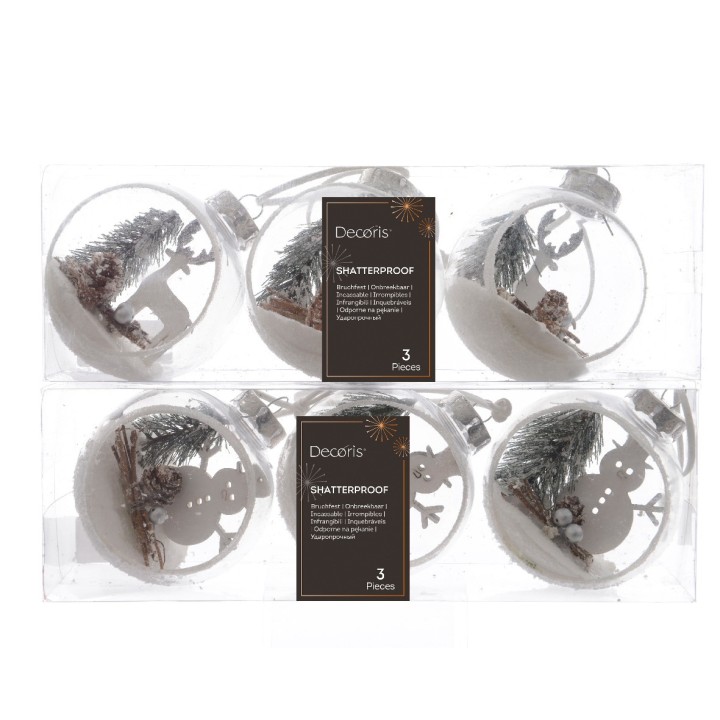 Three clear, shatterproof ornaments with snowy scenes, featuring a deer and a snowman.