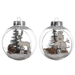 Two clear ornaments with snowy scenes, featuring a reindeer and a snowman among trees.