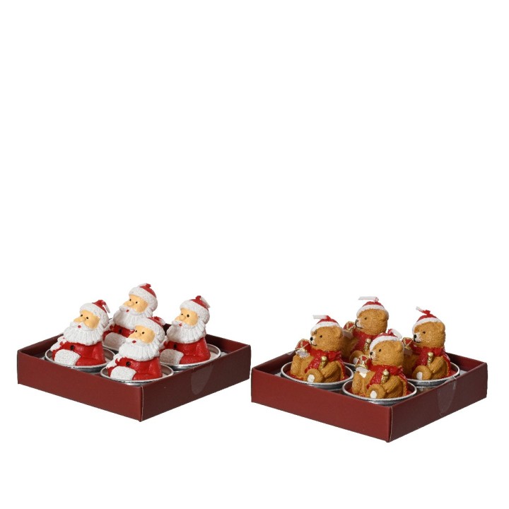 Kerstdecoraties van vrolijke kerstmannen en gingerbread figuren in een rode verpakking.