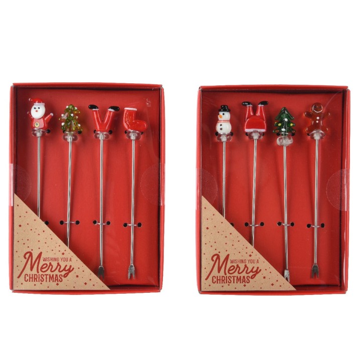 Kerstprikkers met vrolijke figuurtjes in een rode verpakking, perfect voor de feestdagen.