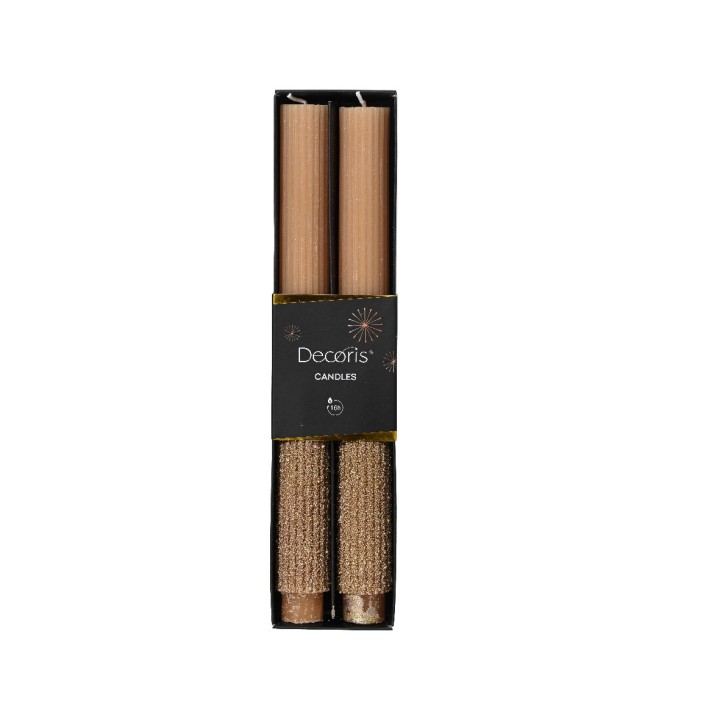 Two slender, brown candles with textured bases, elegantly packaged in a sleek box.