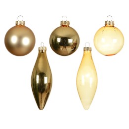 Five decorative Christmas ornaments in shades of gold and amber, varying in shape and size.