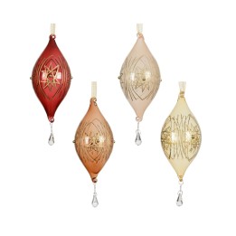 Four elegant, vintage-style ornaments in red, pink, and gold with intricate designs and teardrop ...