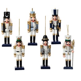 Zes kleurrijke houten notenkrakers in verschillende uniformen en stijlen, met gouden accenten.