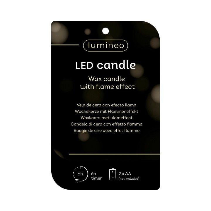 Zwarte verpakking met informatie over een LED-kaars, inclusief timer en flame-effect.
