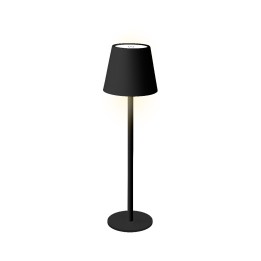 Een eenvoudige zwarte vloerlamp met een ronde basis en een conische kap.