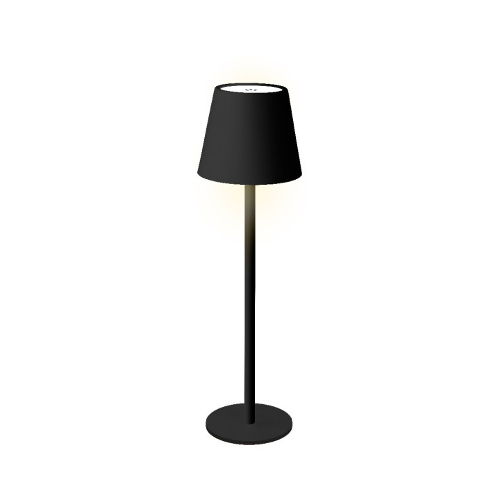 Een eenvoudige zwarte vloerlamp met een ronde basis en een conische kap.