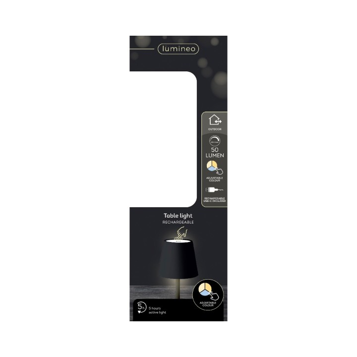 A sleek black table lamp with a minimalist design, showcased in stylish packaging.