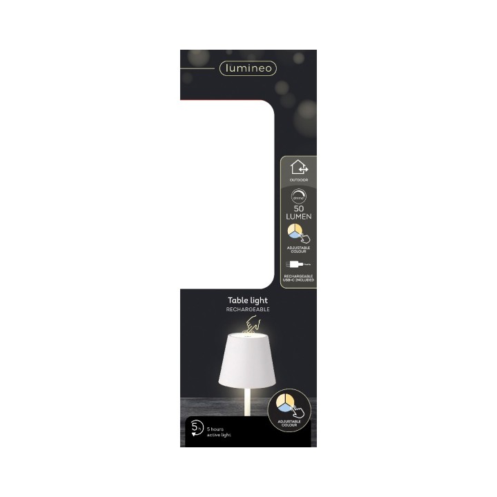 A sleek, modern table lamp with a white shade and a minimalist design.