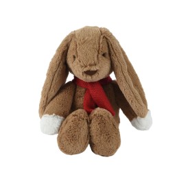 A soft brown bunny with long ears and a red scarf, sitting happily.