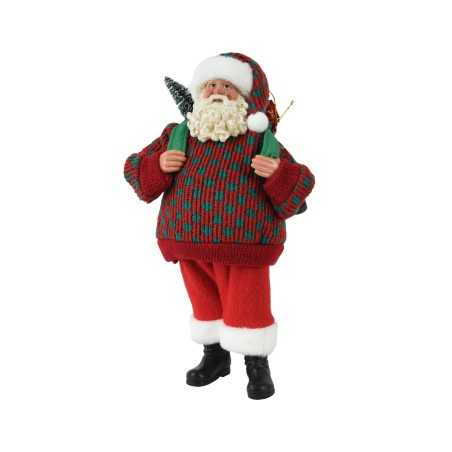 Een vrolijke kerstman in een gebreide trui, met een groene boom en een grote zak.