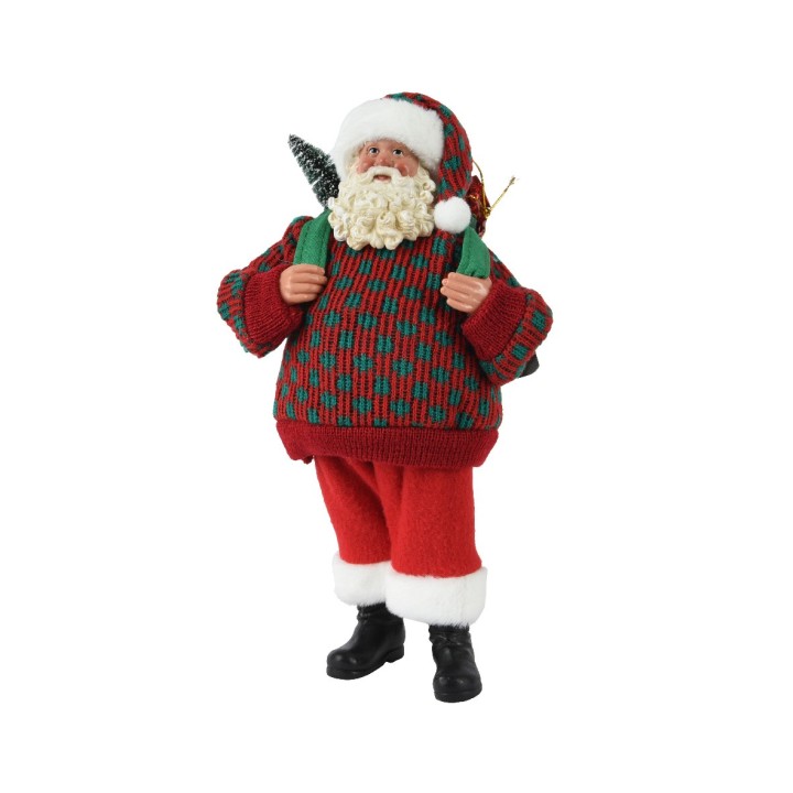 Een vrolijke kerstman in een gebreide trui, met een groene boom en een grote zak.