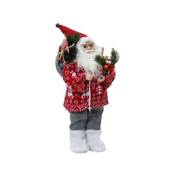 A festive Santa figure in a red sweater, gray pants, and white boots, holding gifts and greenery.