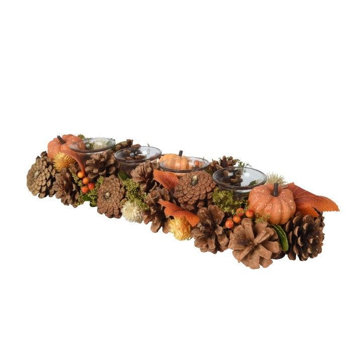 A rustic centerpiece with pinecones, mini pumpkins, and candles, celebrating autumn's warmth.