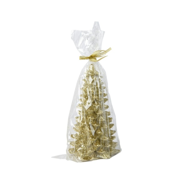 A gold glittery Christmas tree wrapped in clear plastic with a golden bow.