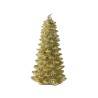 A shimmering gold candle shaped like a Christmas tree, adorned with glittery details. A shimmering gold candle shaped like a Christmas tree, adorned with glittery details.